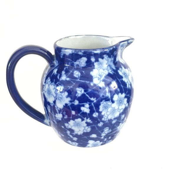 Ironstone China Pitcher Blue White Flow Ware Chintz Floral Marked 4.25" T #1 - Picture 1 of 8